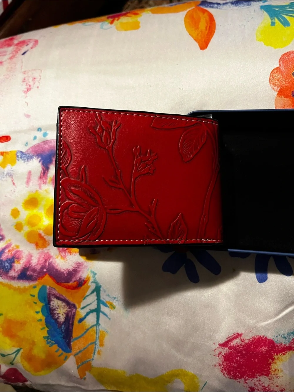 Distortion Red Embossed Leather Card & Key Holder
